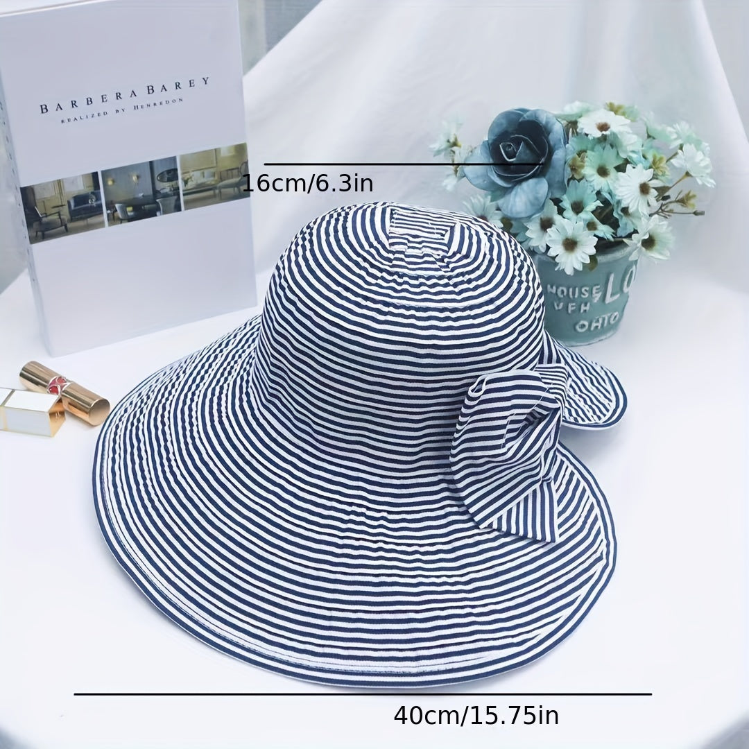Foldable Striped Sun Hat Casual Bowknot Bucket Hat for Summer