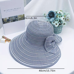 Foldable Striped Sun Hat Casual Bowknot Bucket Hat for Summer