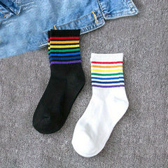 Rainbow Striped Trim Socks & Funny Crew Mid Tube Socks Women's Stockings