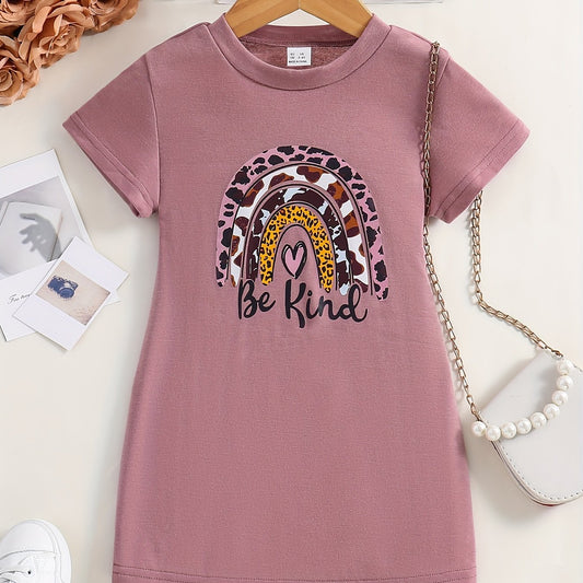 Girls Leopard Rainbow Print Dress Crew Neck Kids Short Sleeve Dress