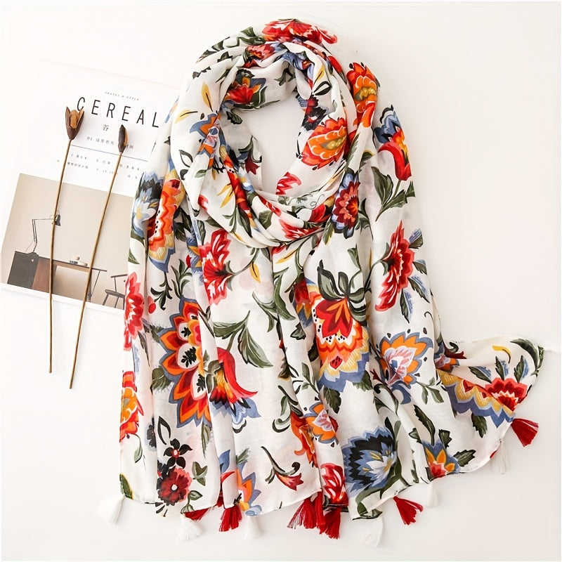 Boho Flower Print Tassel Scarf Vintage Gauze Shawl Hijab Turban