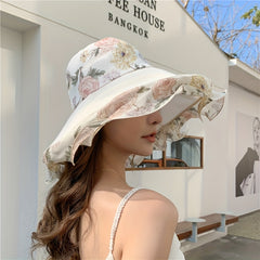 Peony Print Ruffles Sun Hat Flower Stitching Wide Brim Bucket Hat