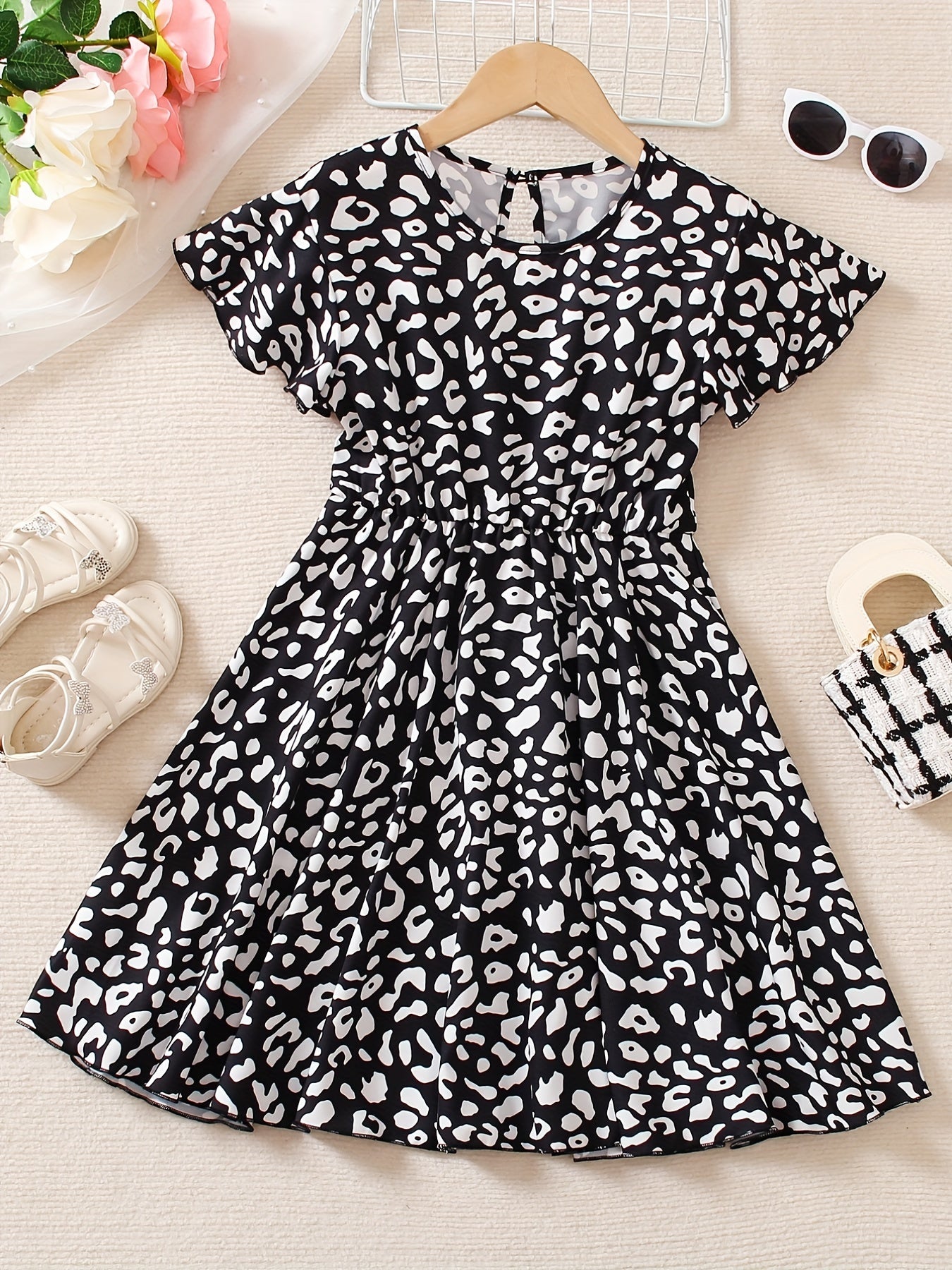 Girl's Ruffle Sleeve A Line Swing Flared Skater Party Dress