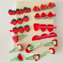 14pcs Cartoon Strawberry Hair Clip Set, Colorful Snap Clip Sweet Fruit Duck Bill