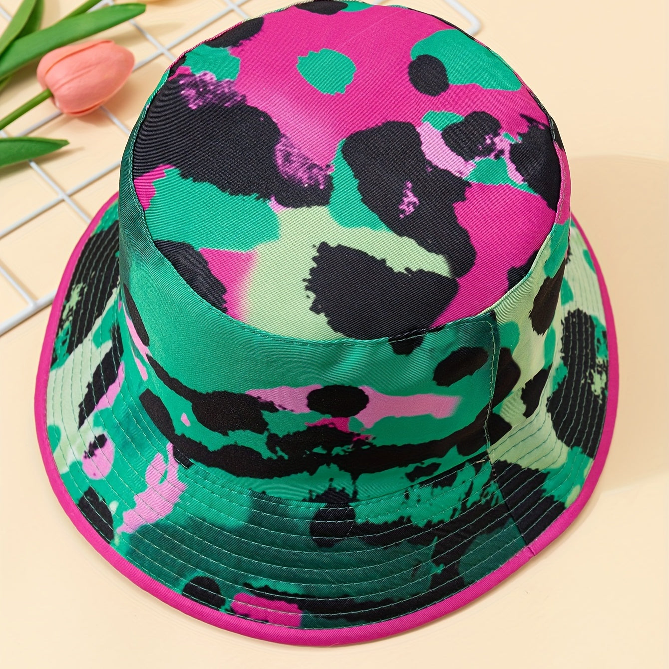 Green Red Leopard Bucket Hat Block Graffiti Print Reversible Fisherman Cap