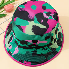Green Red Leopard Bucket Hat Block Graffiti Print Reversible Fisherman Cap