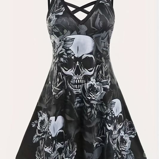 Skull Print Spaghetti Strap Dress Gothic Sleeveless V Neck Dress