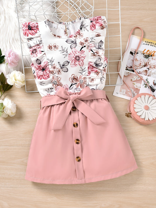 Girl's Floral Print Tank Top & Belted Skirt Set