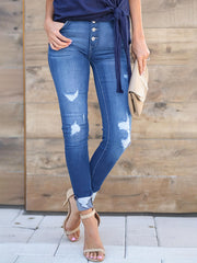 Ripped Skinny Jeans Slash Pockets Distressed Slim Fit Button Denim Pants