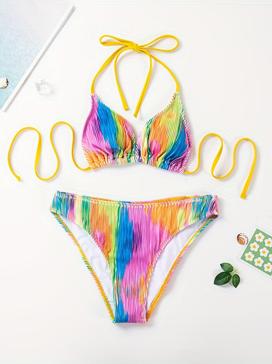 Tie Dye Print Halter Tie 2 Piece Bikini Set