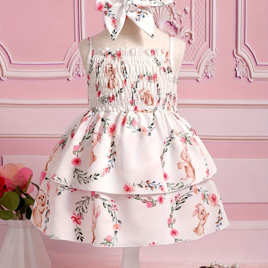 Cute Bunny & Flower Print Puffy Cami Gown Dress