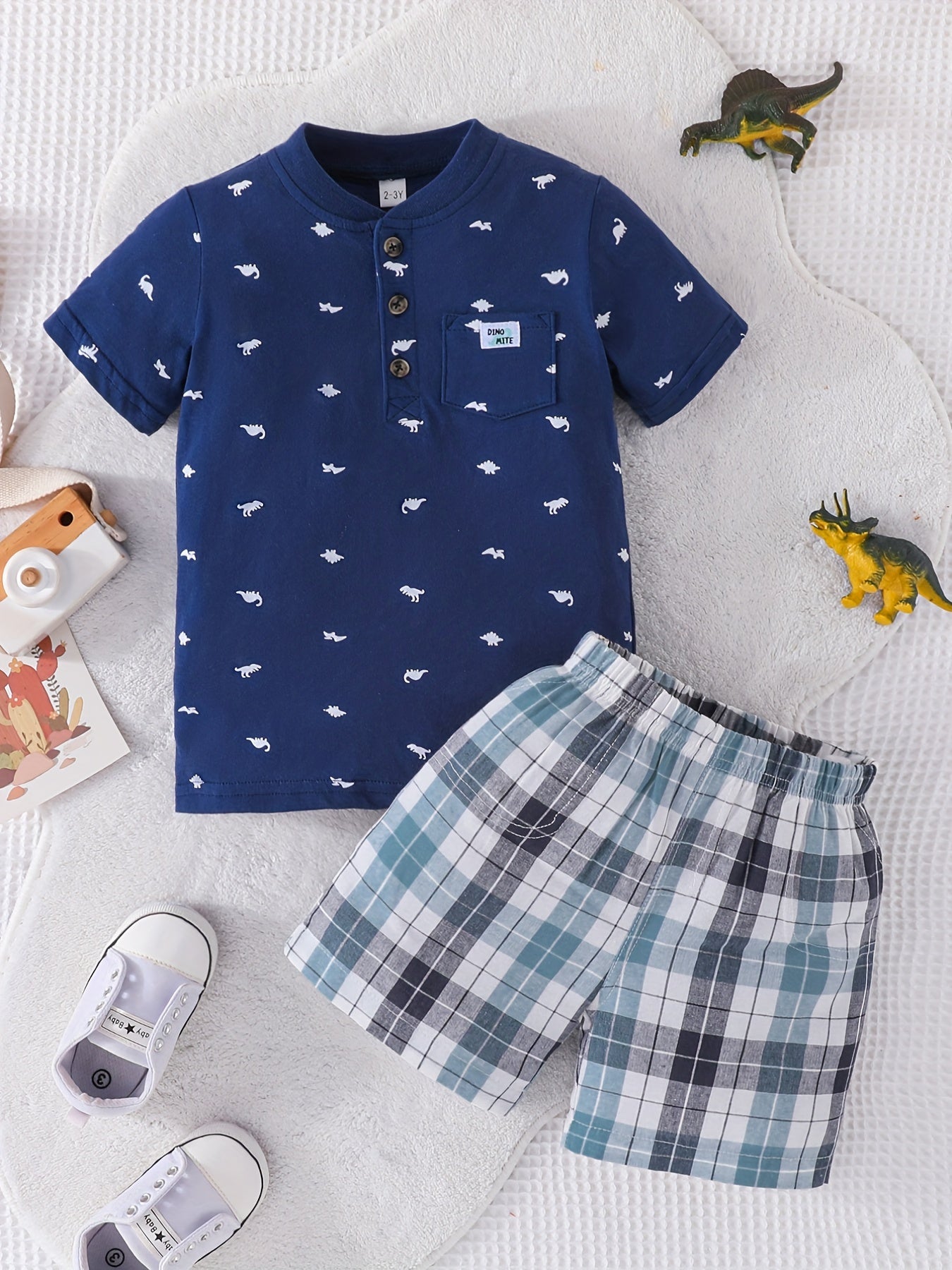 Boys Dino Print T Shirt & Plaid Shorts Set for Summer