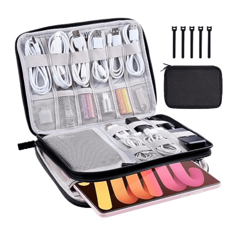 Compact Linen Electronics Organizer Double Layered Water Resistant Cable Storage