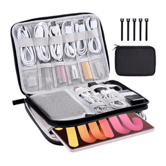 Compact Linen Electronics Organizer Double Layered Water Resistant Cable Storage