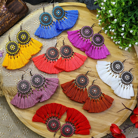 Bohemian Style Fan Shaped Tassel Earrings with Rhinestones