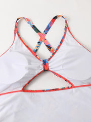  Tropical Print Side Drawstring Cut Out One Piece Beachwear Swimsuit