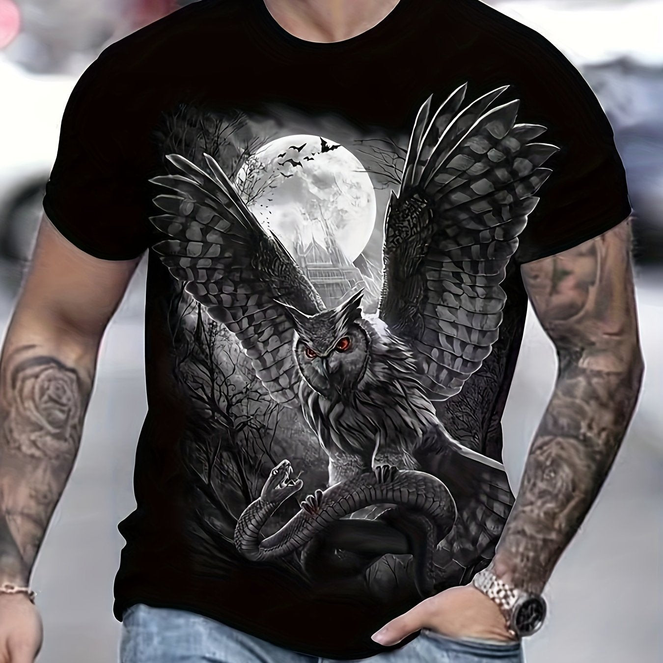 Owl & Snake 3D Print Men's Short Sleeve T-shirt Graphic Tee