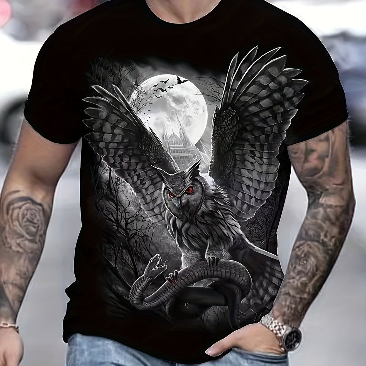 Owl & Snake 3D Print Men's Short Sleeve T-shirt Graphic Tee