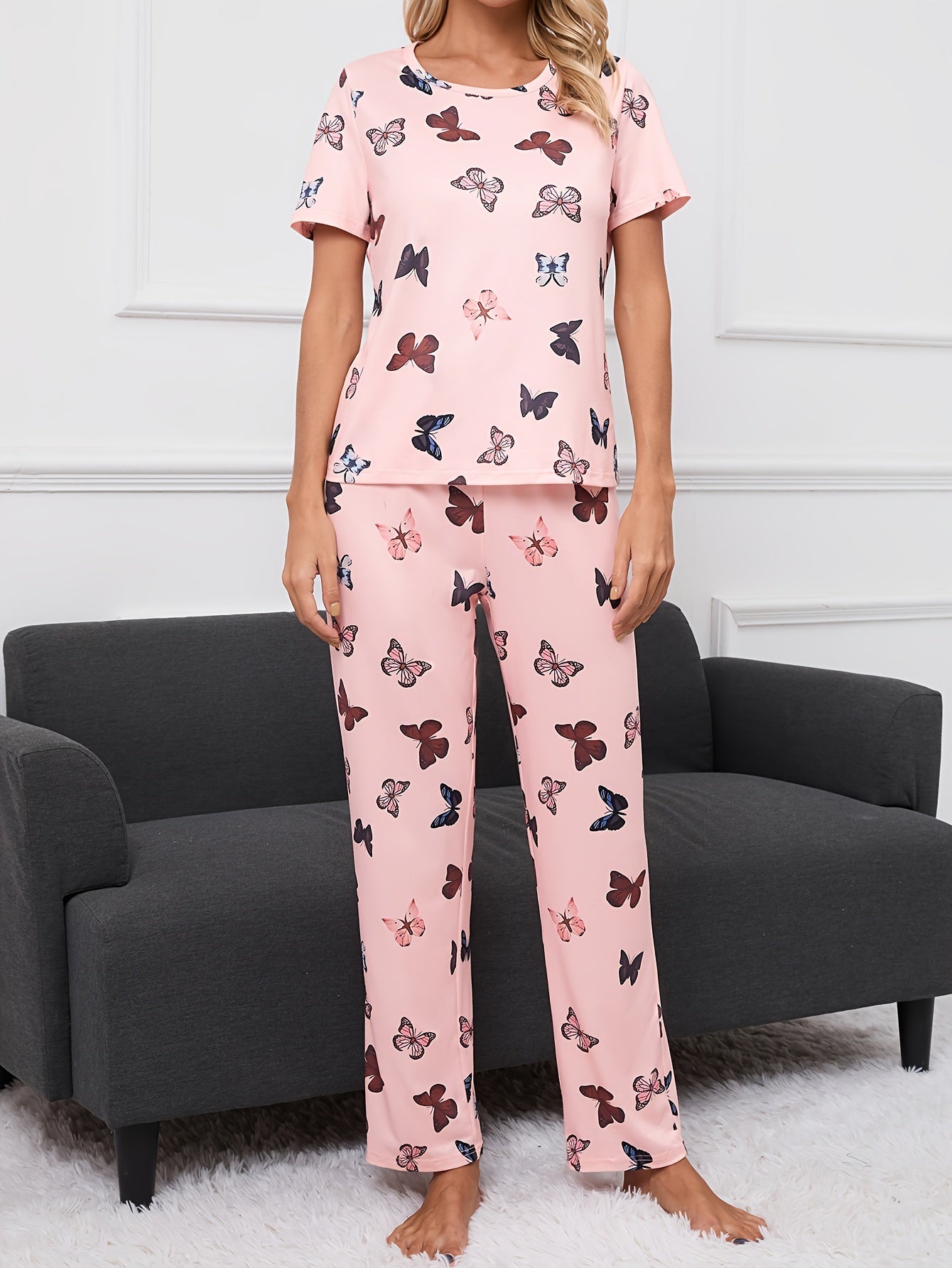 Butterfly Print Pajama Set Short Sleeve Crew Neck Top & Pants Women's Sleepwear