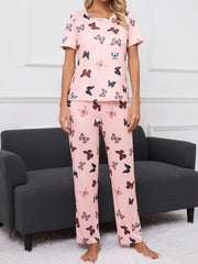 Butterfly Print Pajama Set Short Sleeve Crew Neck Top & Pants Women's Sleepwear