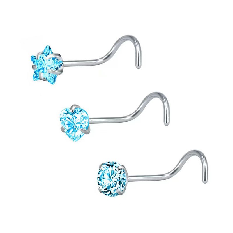 3 Pcs Heart Star Round Zircon Nose Rings Set Stainless Steel Cartilage Stud