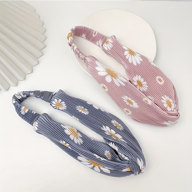Daisy Print Pleated Headband Scrunchies Hair Tie Sweet Hair Rope Ponytail Holder