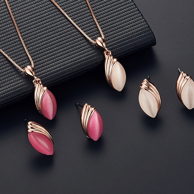 Oval Shape Pendant Necklace & Stud Earrings Set for Women & Girls