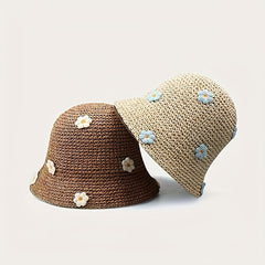 Flower Decor Bucket Hat Solid Sun Hats Hollow Crochet Cloche Hat