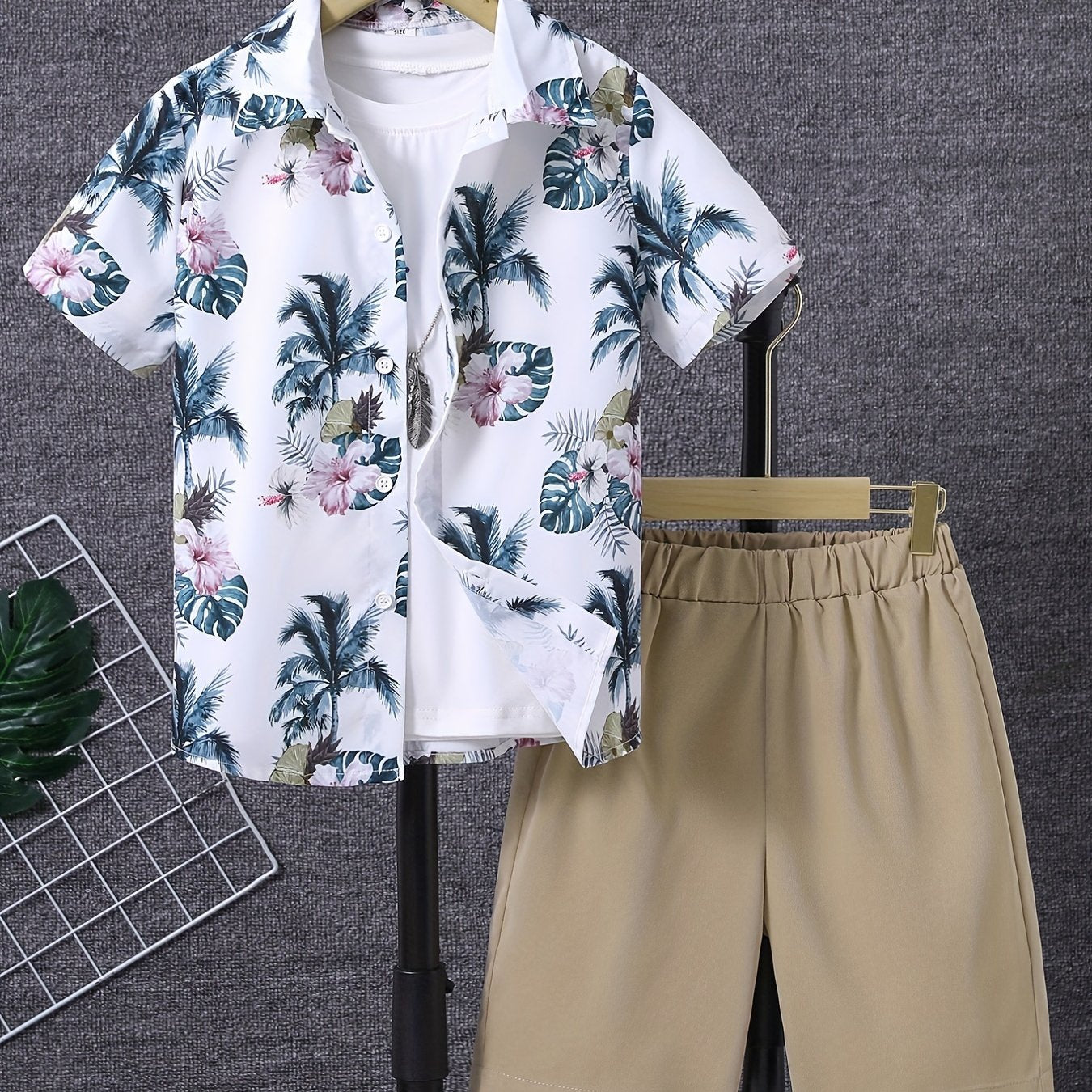 Boys Flower & Leaf Print Casual Outfit Shirt & Shorts Set