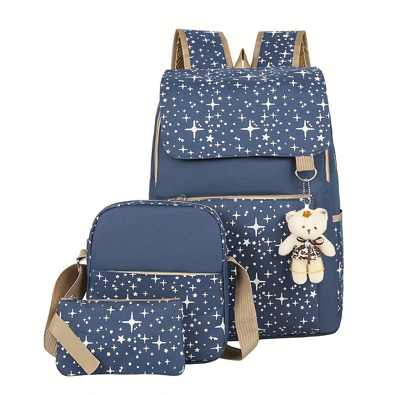 3-Pc Preppy Star Pattern Bag Set: Backpack, Crossbody Bag & Clutch Pouch