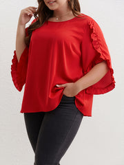  Solid Ruffle Trim Petal Sleeve Top