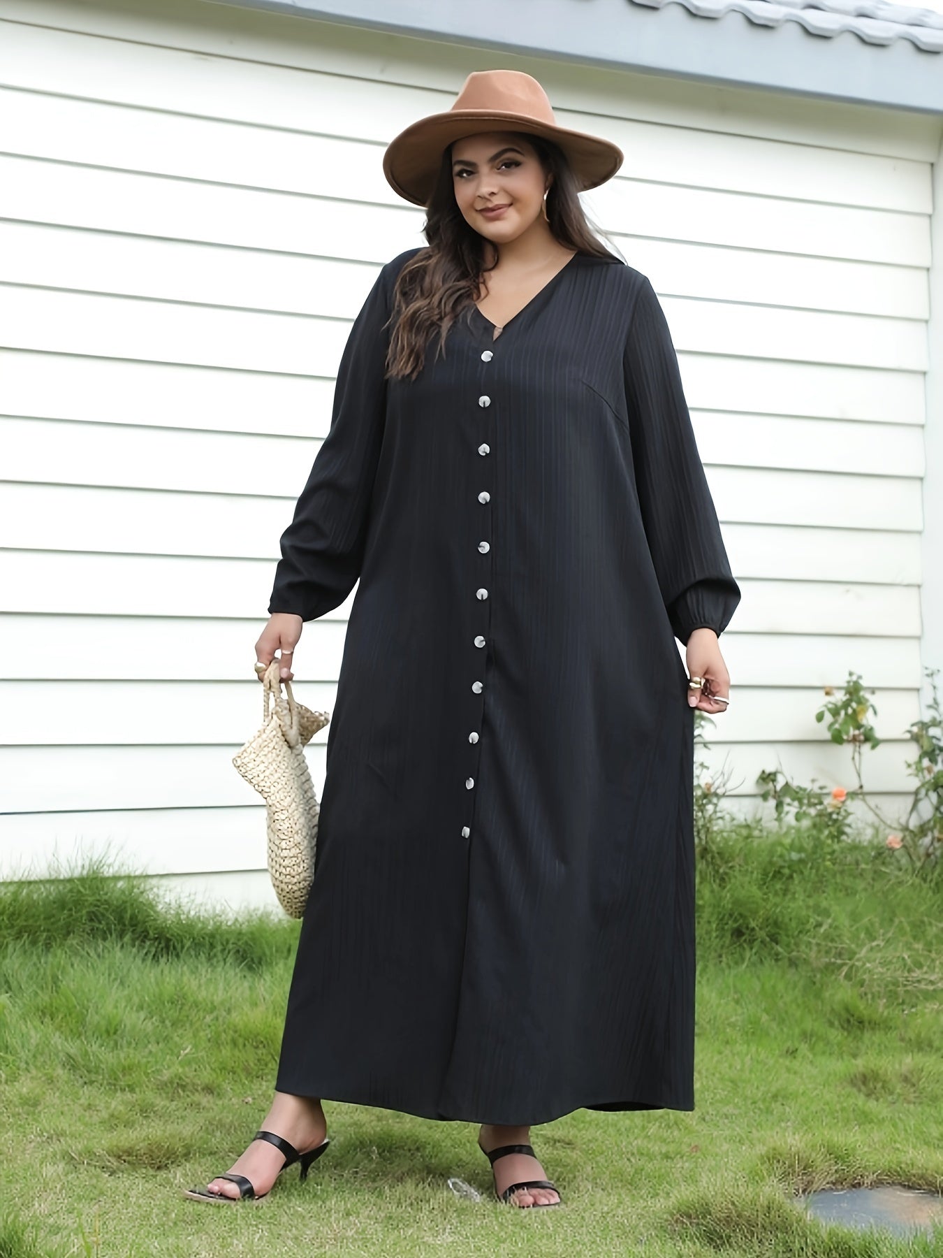  Ribbed Button Up Lantern Sleeve V Neck Maxi Dress