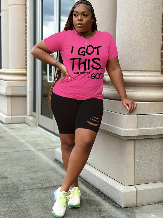  Women's Slogan Print Top & Cut Out Shorts Set