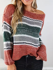  Colorblock Stripe One Shoulder Sweater