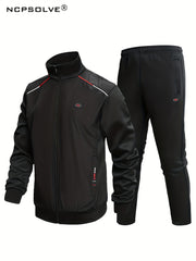 Men's Sports Suit Solid Stand Collar Zip Up Jacket & Stretch Elastic Waist Pants