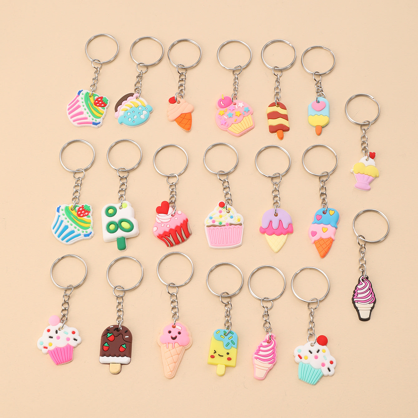 20pcs Cartoon Ice Cream Keychain PVC Key Ring Purse Bag Backpack Car Charm