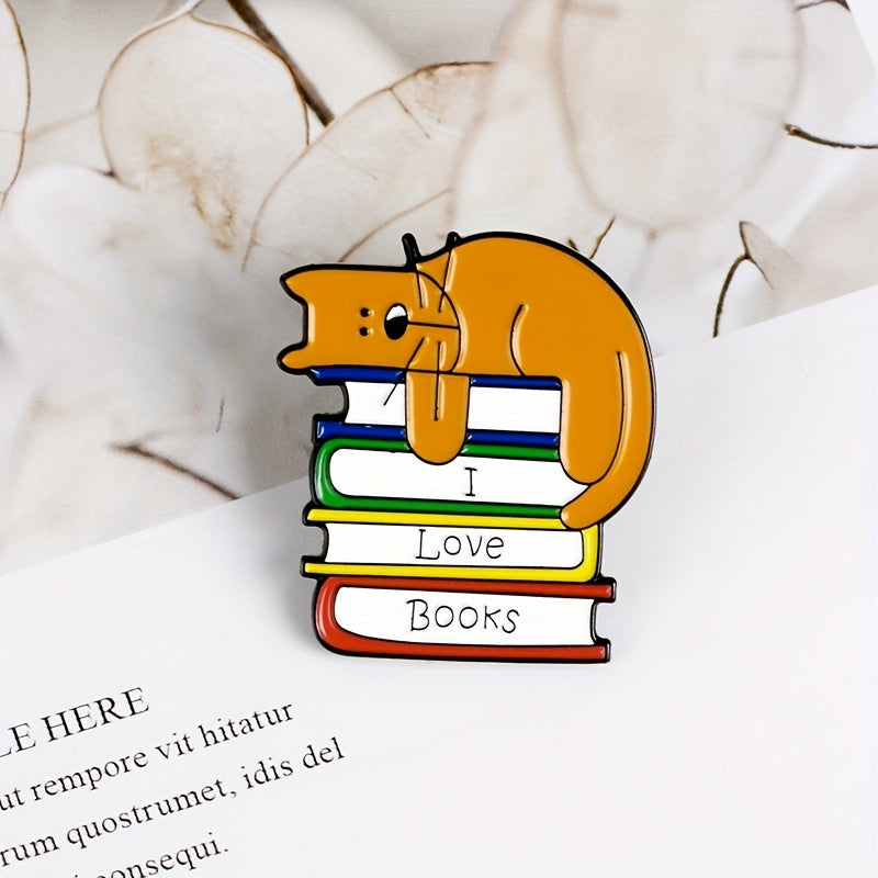 Men's I LOVE BOOK Brooch With Sleeping Kitten On Book