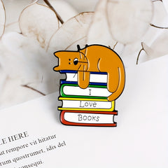 Men's I LOVE BOOK Brooch With Sleeping Kitten On Book