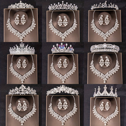 3PCS Faux Pearl Crown Earrings Necklace Set Head Jewelry