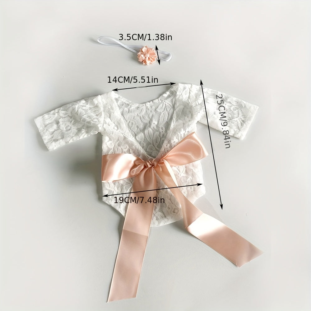 2PC Bowknot Headband Lace Jumpsuit Photography Suit 0-3 Months