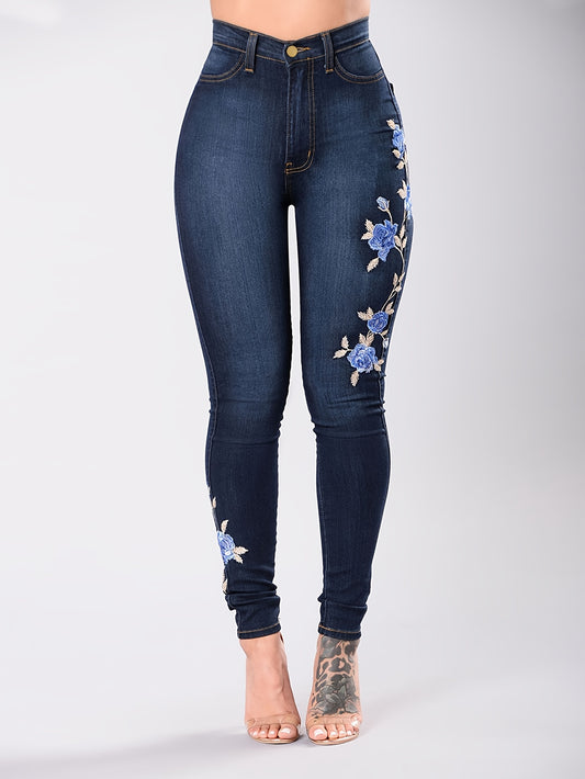 Floral Embroidery Skinny Jeans Zipper Button Medium Stretch Denim Pants
