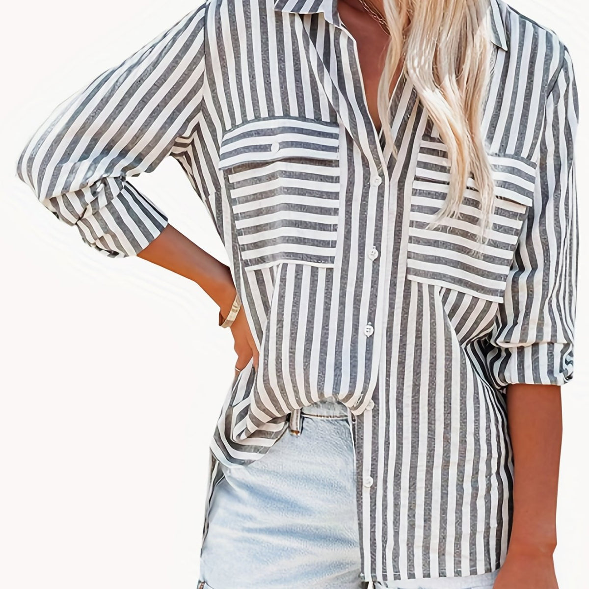 Women's Plus Stripe Print Button Up Long Sleeve Blouse