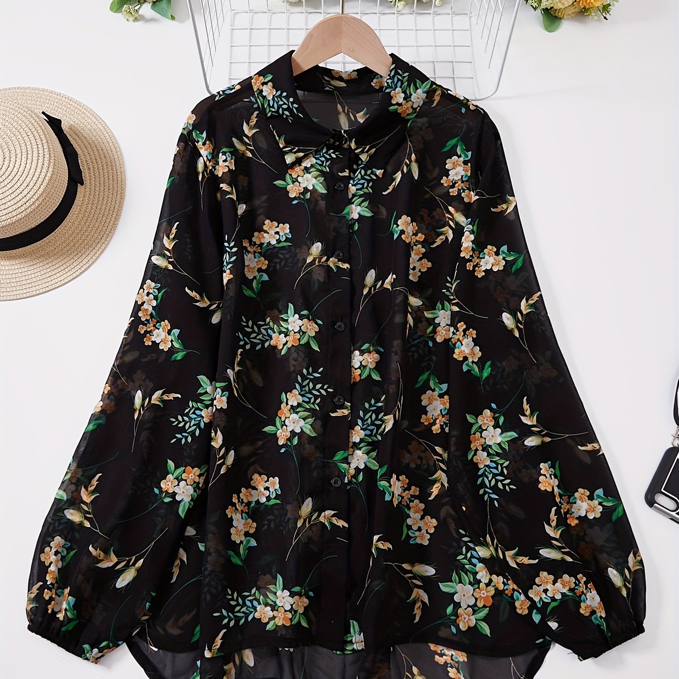  Floral Print Button Up Long Sleeve Blouse