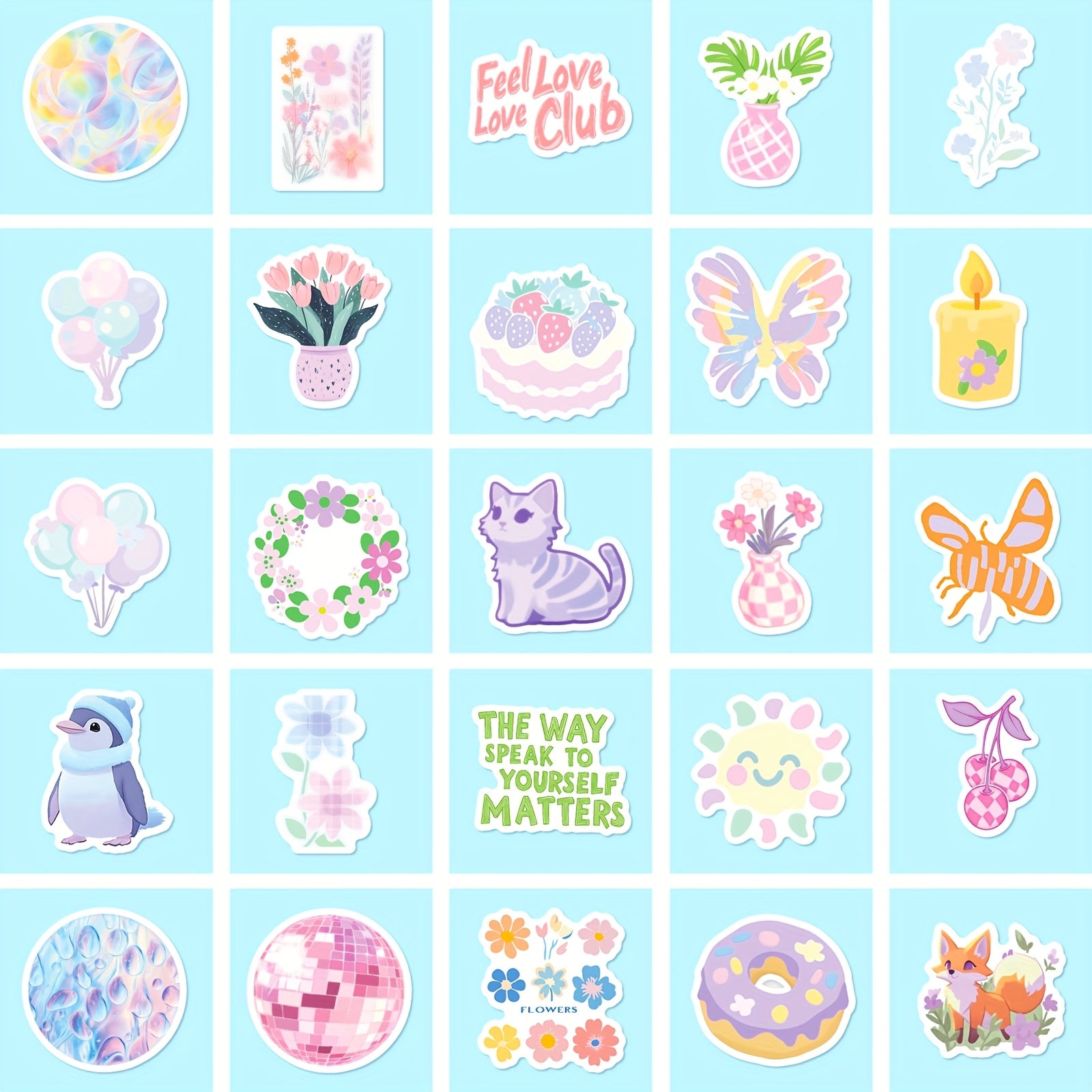 50pcs Spring Pastel Flower & Animal Stickers for Teens
