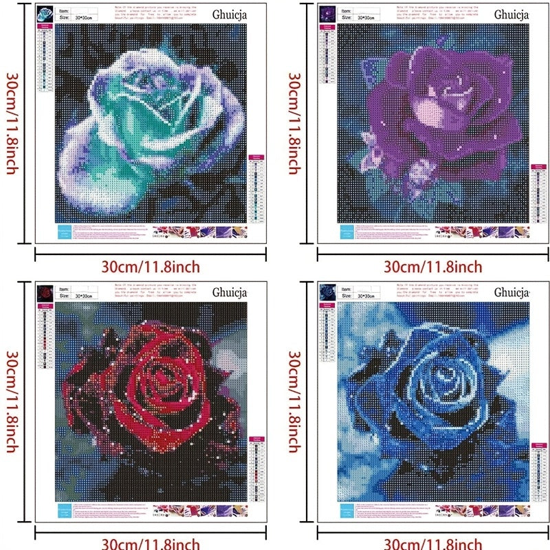 4 Pack 30x30cm Diamond Painting Kit 5D Rose Flower Art DIY