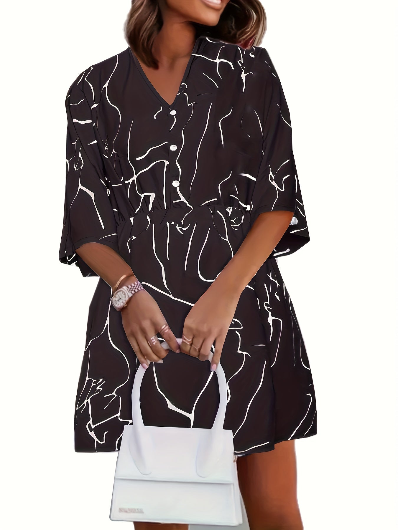  Abstract Stripe Print Button Up V Neck Loose Fit Mini Dress