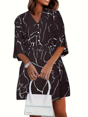 Abstract Stripe Print Button Up V Neck Loose Fit Mini Dress