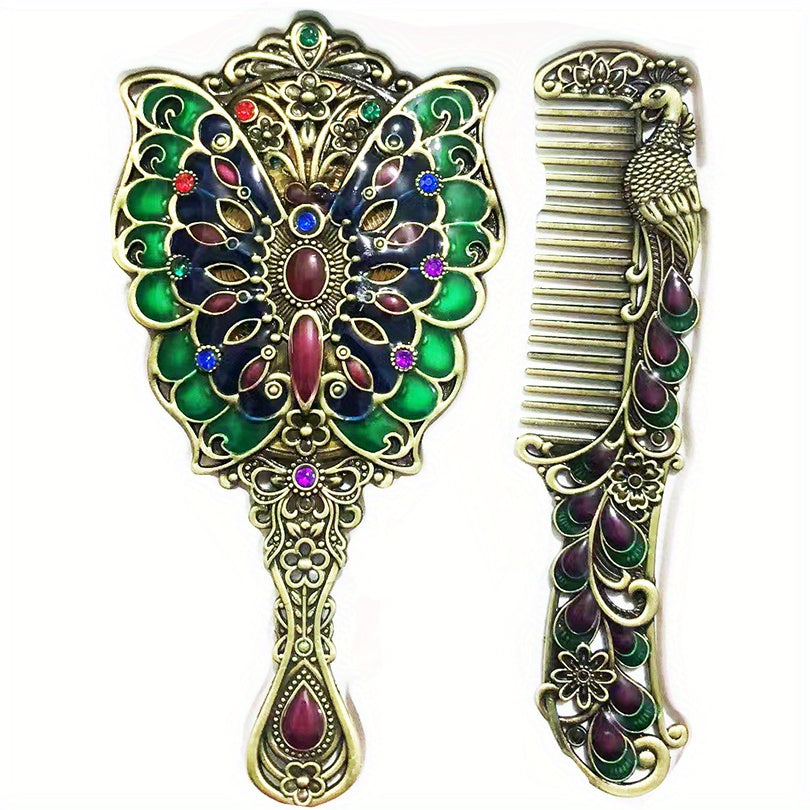 Vintage Hand Mirror with Embossed Butterfly Compact Makeup Beauty Mirror