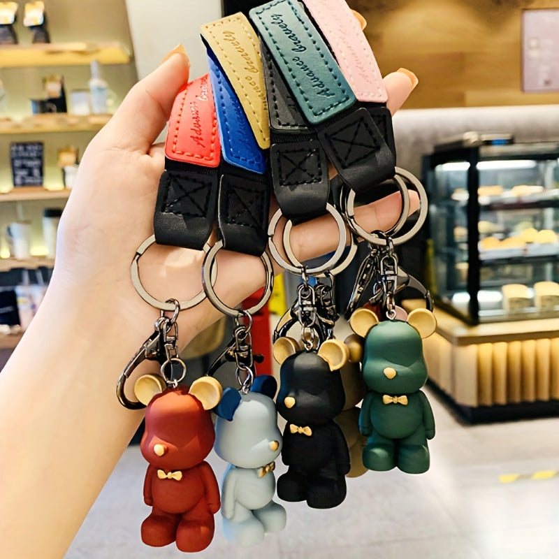 Bow Tie Bear Keychain Leather Lanyard Animal Bag Charms Keyring Pendant