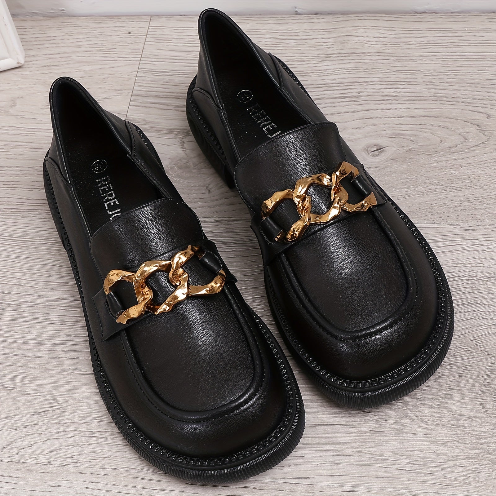 Chain Decor Chunky Heel Loafers Slip On Comfortable Walking Shoes
